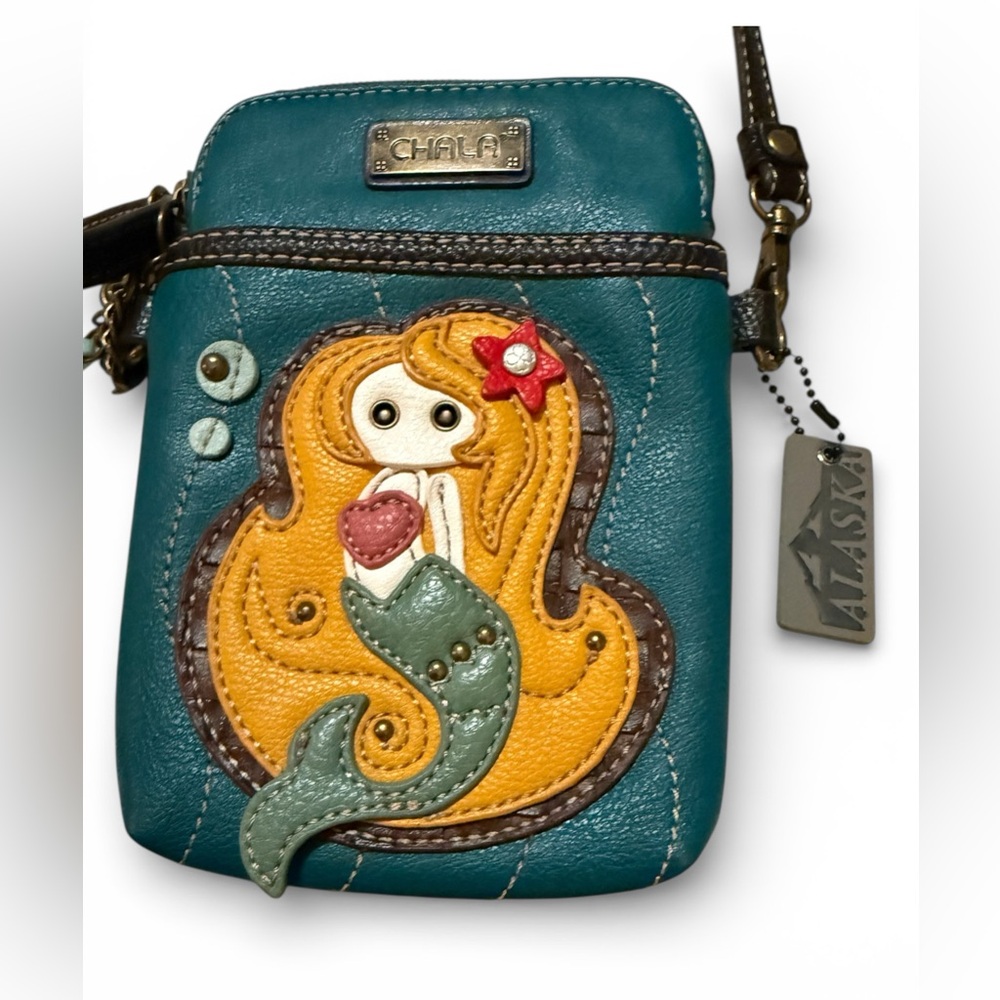 Chala Teal and Tan Mermaid Crossbody Cellphone Purse